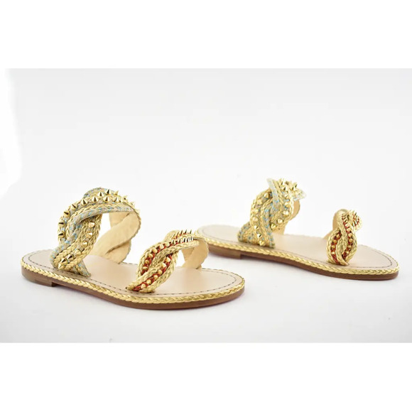 Christian Louboutin Normandie Flat Rope Gold Leather Spike Slip Slide Sandal 36 - Picture 4 of 11